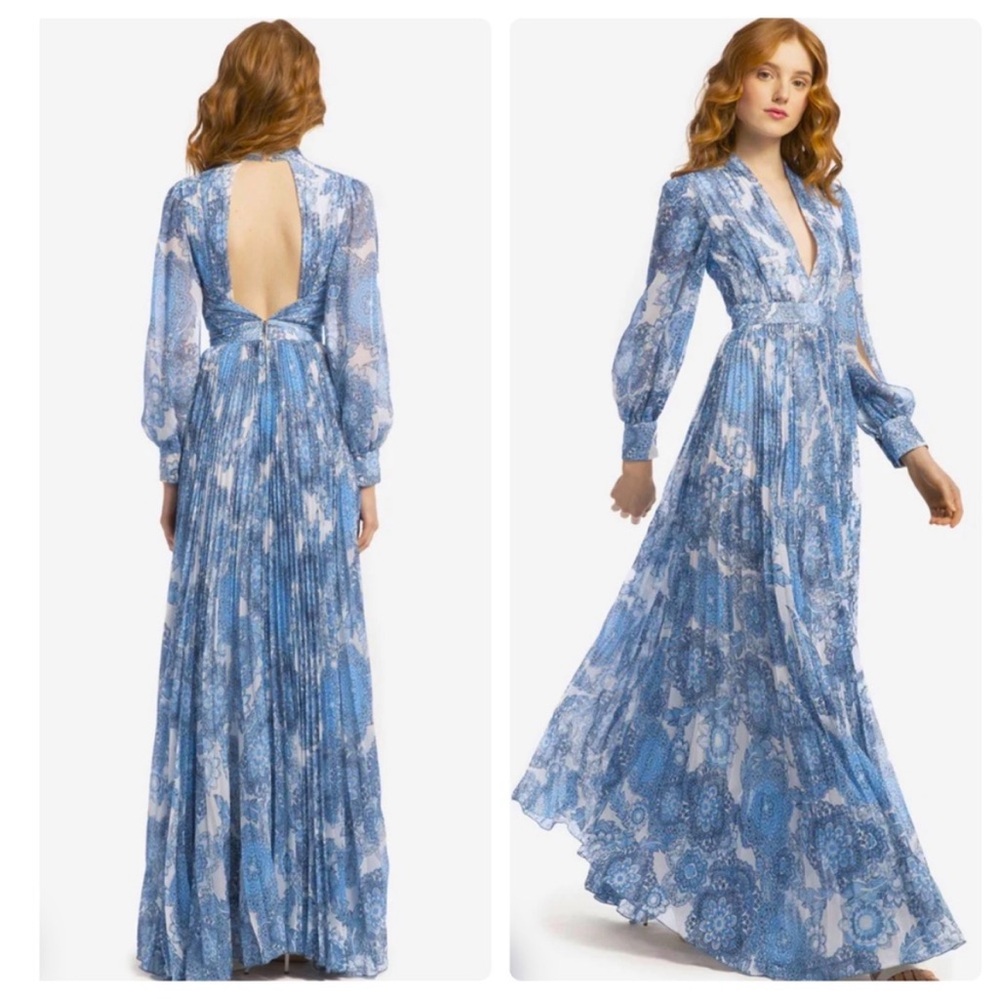 Alice + Olivia Cheney Pleated Maxi Dress Blue and White Paisley Size 2